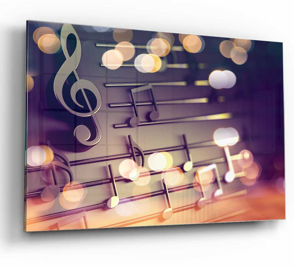 A modern 3D sheet music glass print featuring intricate musical notes and symbols, designed to enhance room decor.