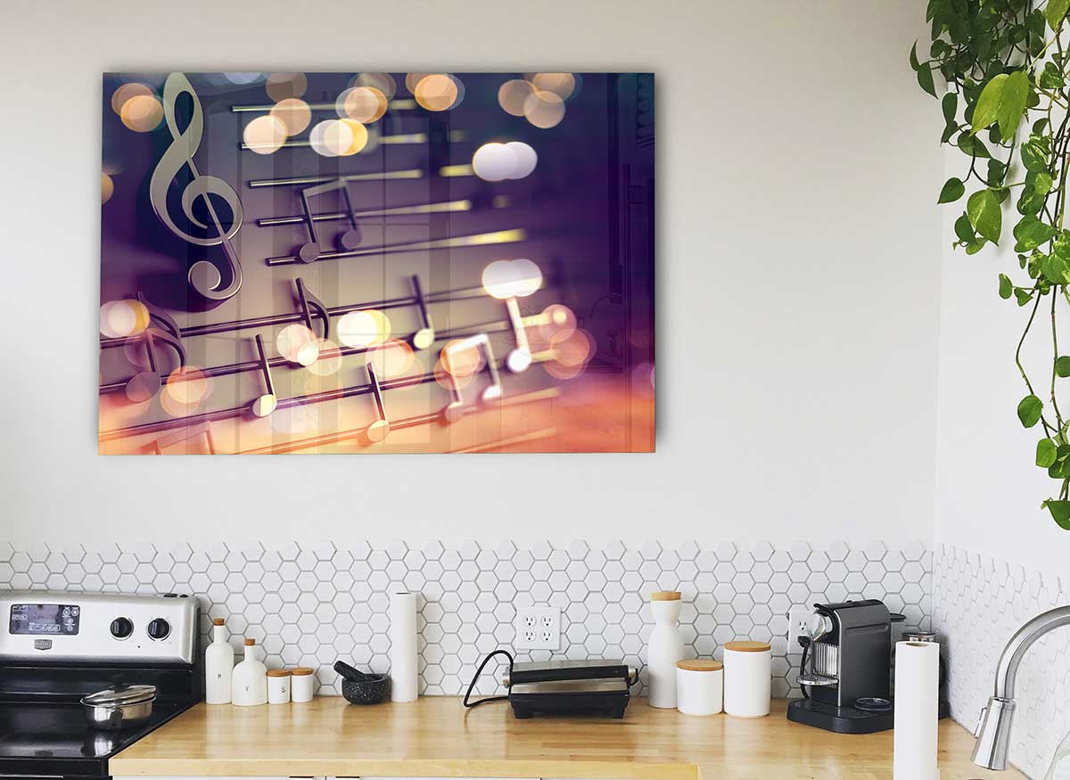 A modern 3D sheet music glass print featuring intricate musical notes and symbols, designed to enhance room decor.