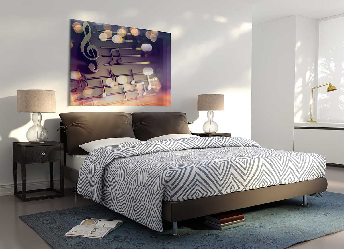 A modern 3D sheet music glass print featuring intricate musical notes and symbols, designed to enhance room decor.