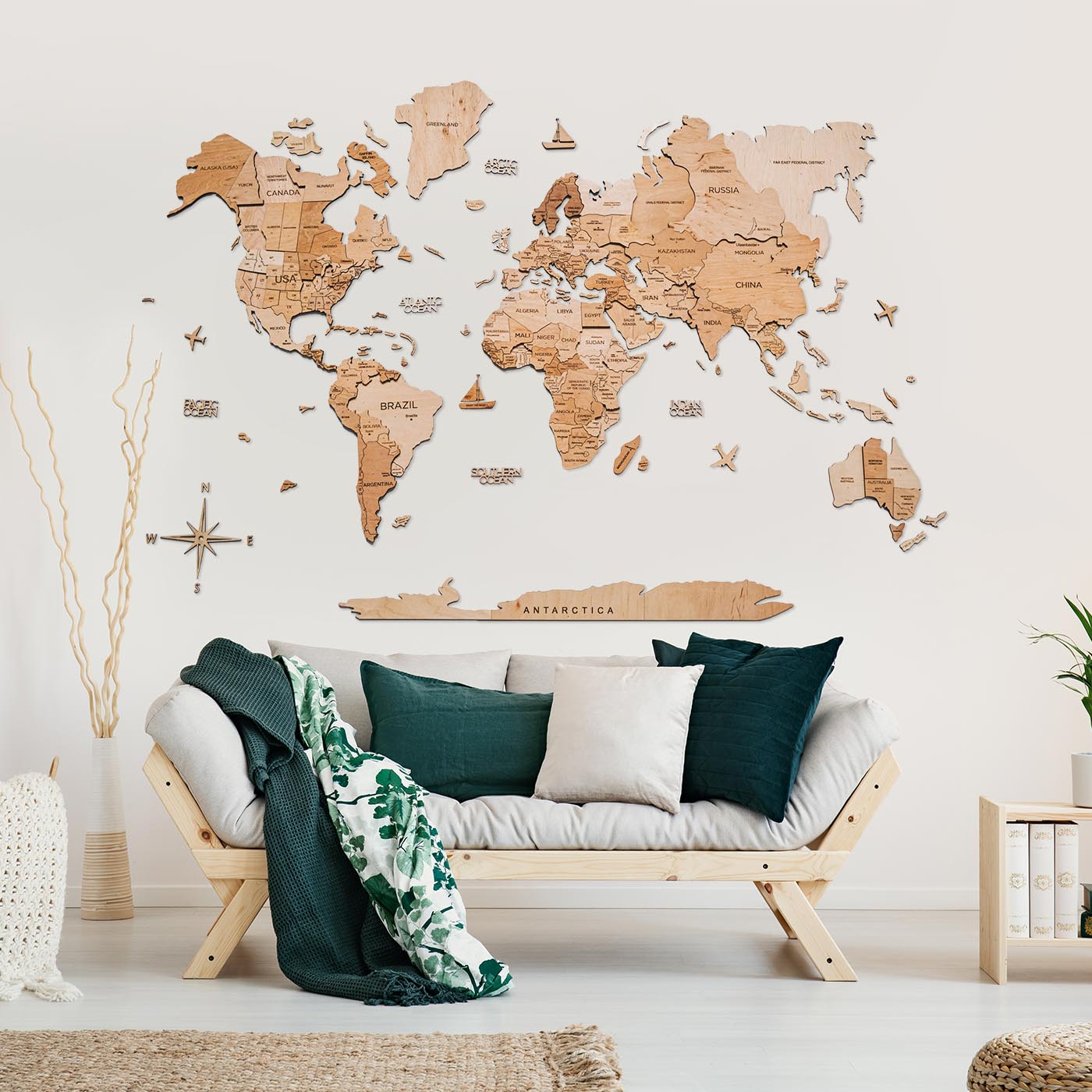 3D Wooden World Map Light made from birch plywood, featuring intricate geographical details and a warm glow.