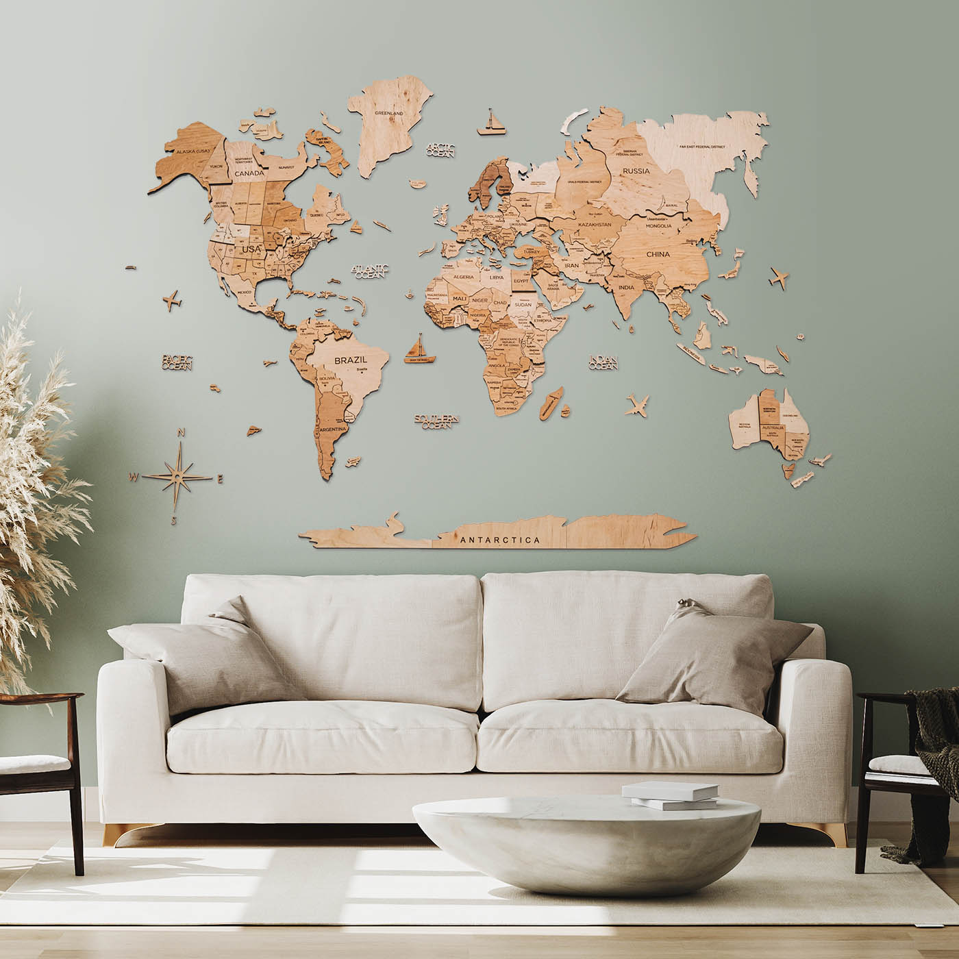 3D Wooden World Map Light made from birch plywood, featuring intricate geographical details and a warm glow.