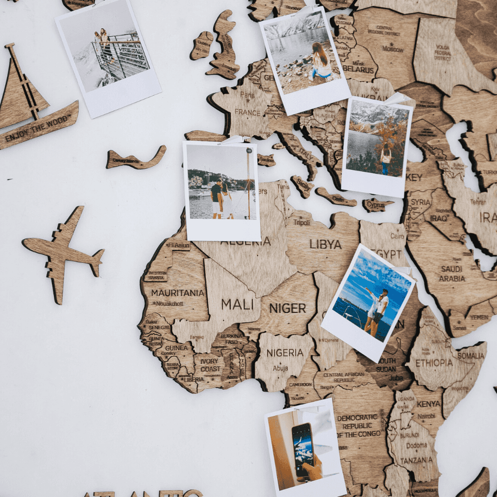 3D Wooden World Map Terra made from natural birch plywood, showcasing intricate details and a warm wood finish, perfect for home or office decor.