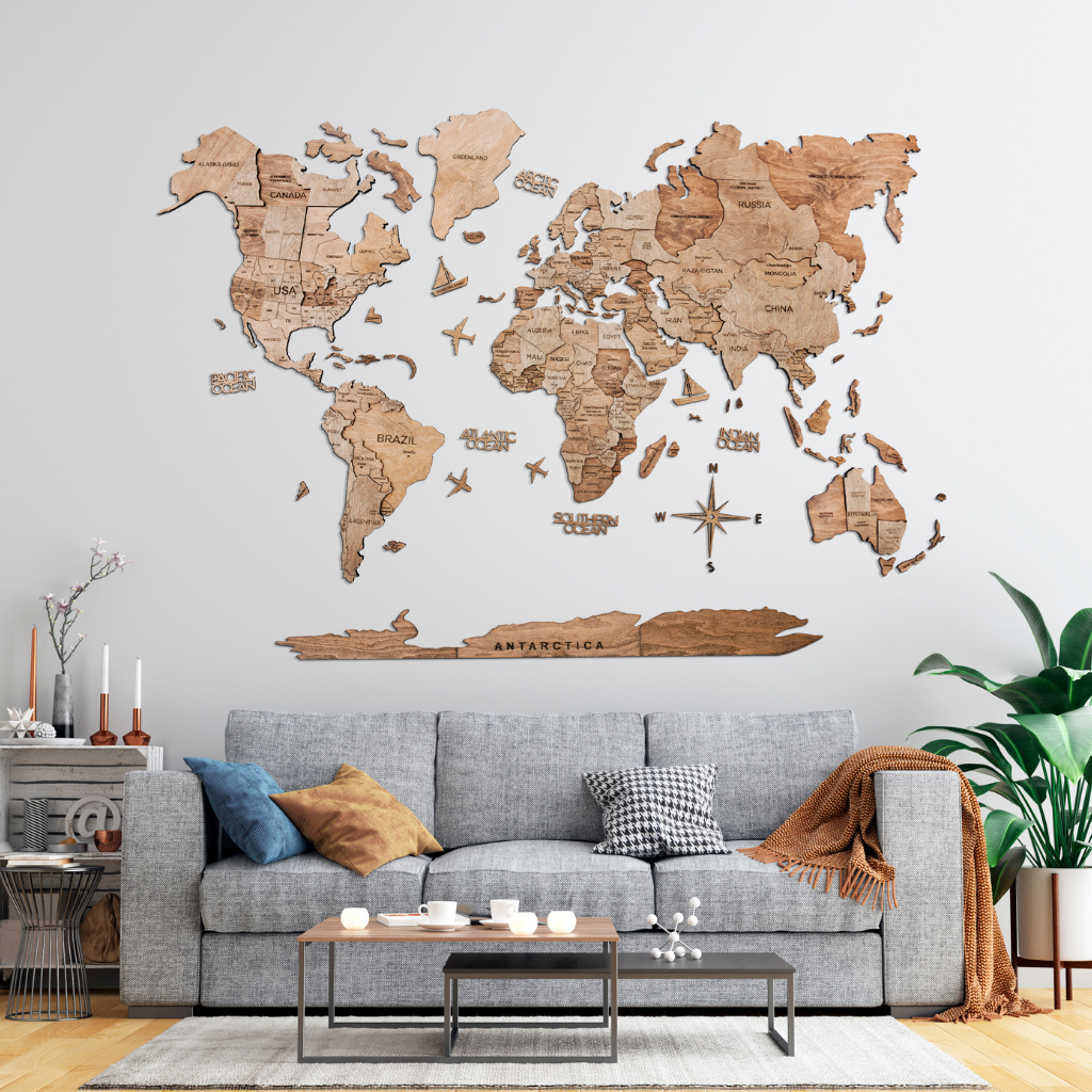 3D Wooden World Map Terra made from natural birch plywood, showcasing intricate details and a warm wood finish, perfect for home or office decor.