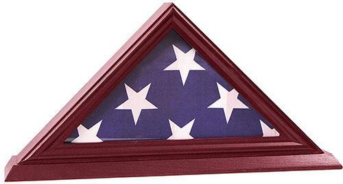 Elegant 3'x5' flag display case made of solid wood with a cherry finish and glass front, showcasing a folded flag.