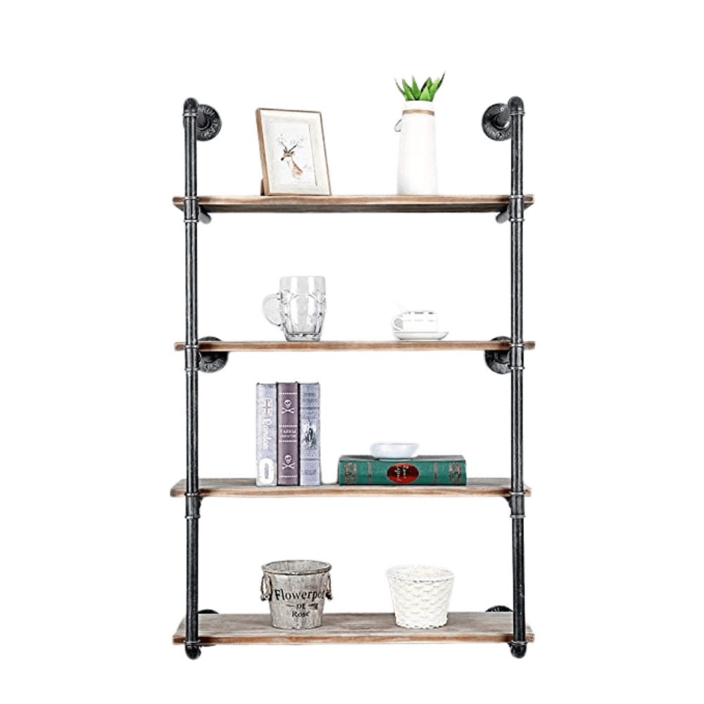 4 Tier Industrial Pipe Shelving made of solid pine wood and galvanized steel, showcasing a rustic design with rounded corners.