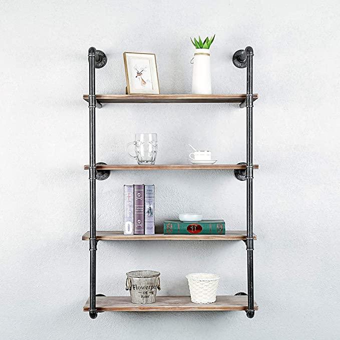 4 Tier Industrial Pipe Shelving made of solid pine wood and galvanized steel, showcasing a rustic design with rounded corners.