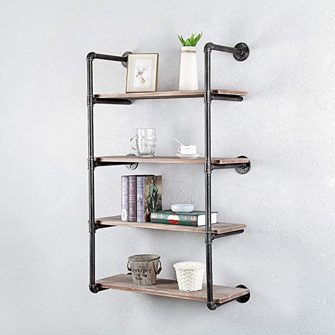 4 Tier Industrial Pipe Shelving made of solid pine wood and galvanized steel, showcasing a rustic design with rounded corners.