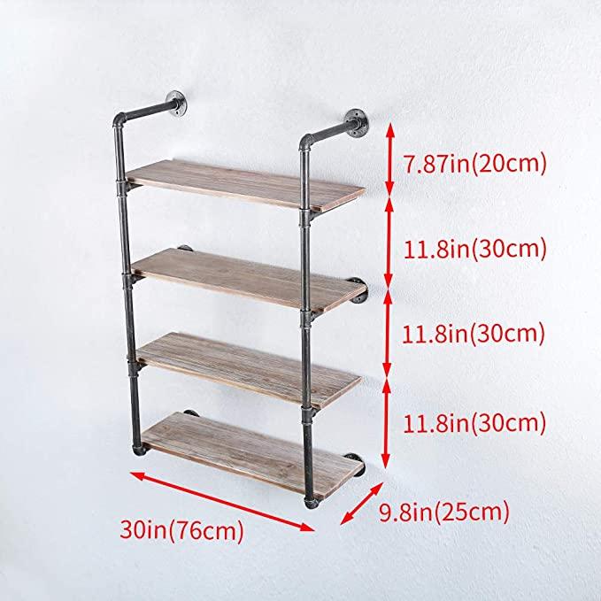 4 Tier Industrial Pipe Shelving made of solid pine wood and galvanized steel, showcasing a rustic design with rounded corners.