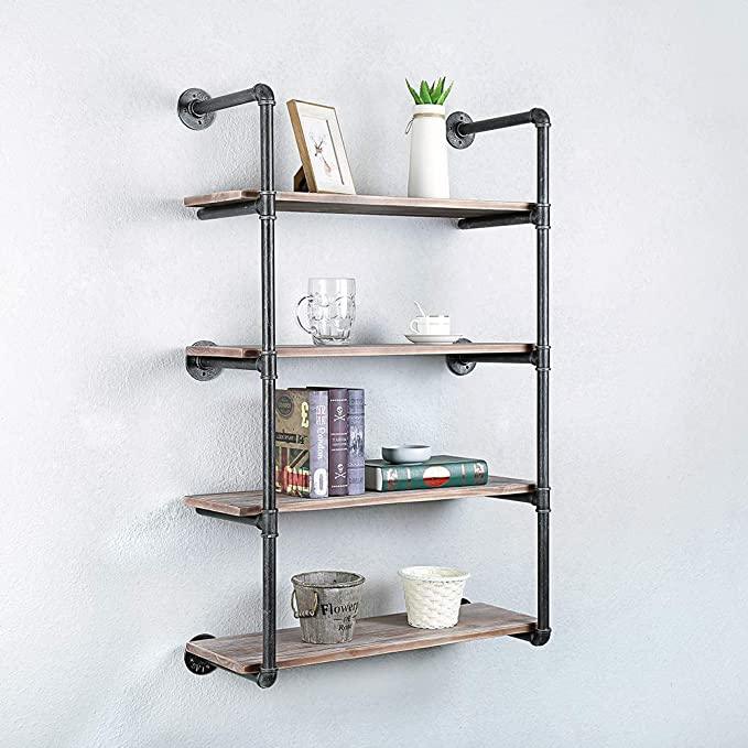 4 Tier Industrial Pipe Shelving made of solid pine wood and galvanized steel, showcasing a rustic design with rounded corners.