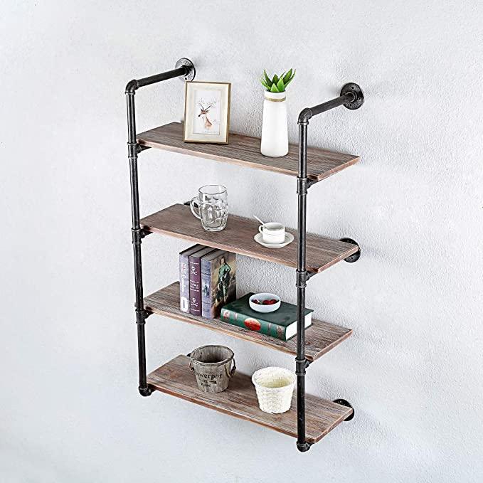 4 Tier Industrial Pipe Shelving made of solid pine wood and galvanized steel, showcasing a rustic design with rounded corners.