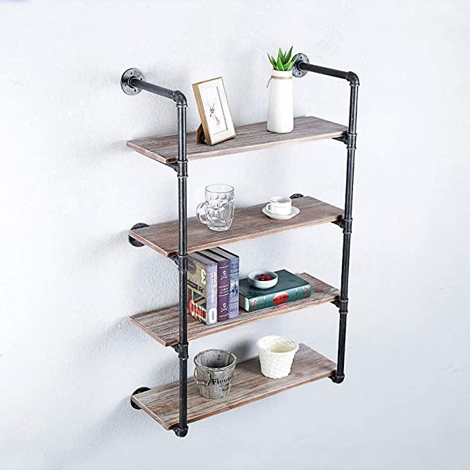 4 Tier Industrial Pipe Shelving made of solid pine wood and galvanized steel, showcasing a rustic design with rounded corners.