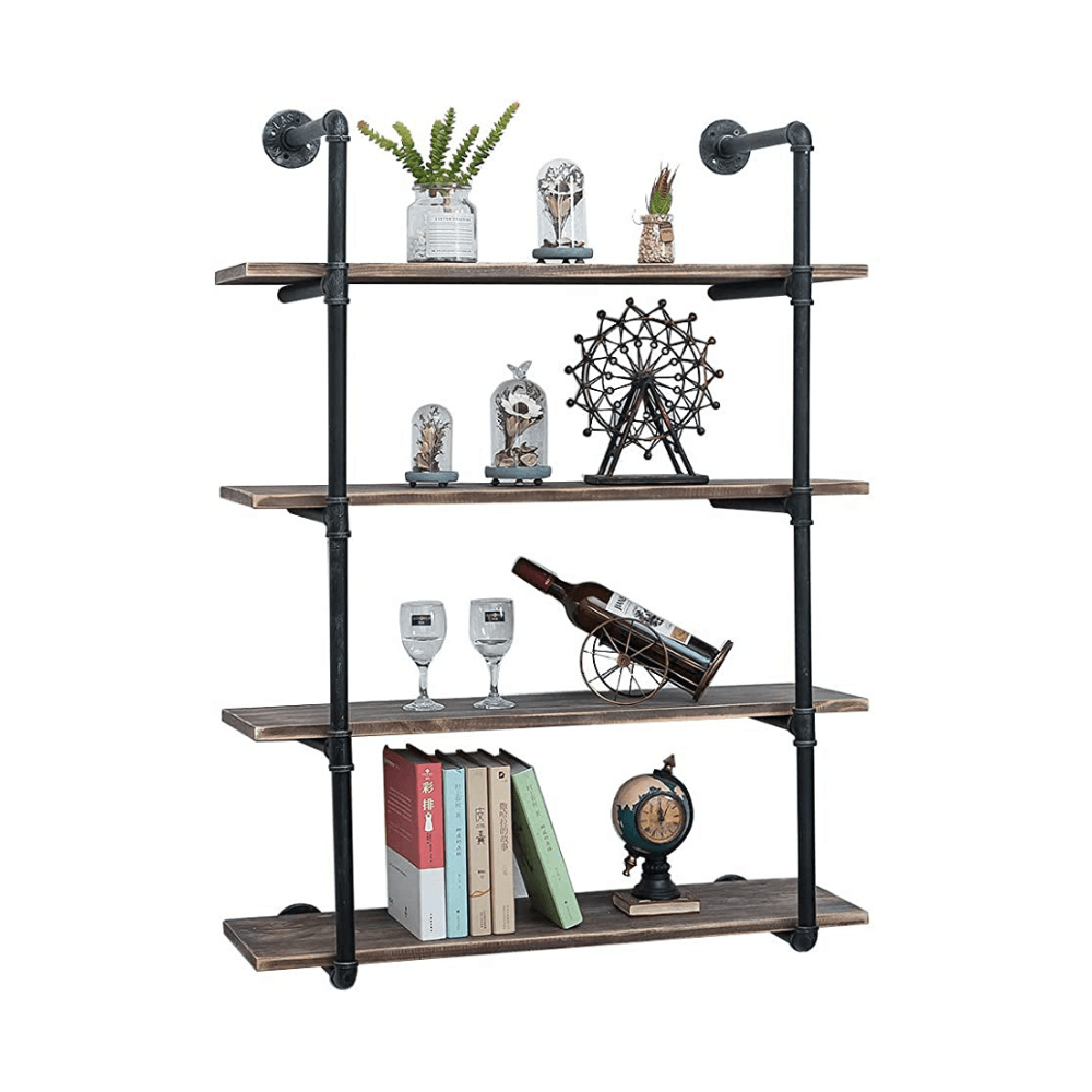 4 Tier Industrial Pipe Shelving made of solid pine wood and galvanized steel, showcasing a rustic design with rounded corners and sturdy construction.