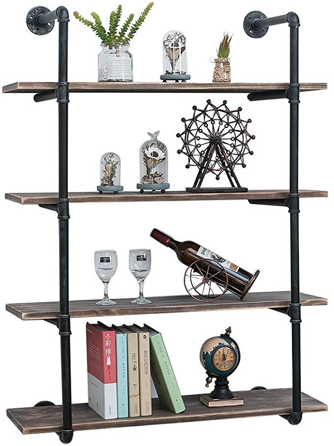 4 Tier Industrial Pipe Shelving made of solid pine wood and galvanized steel, showcasing a rustic design with rounded corners and sturdy construction.