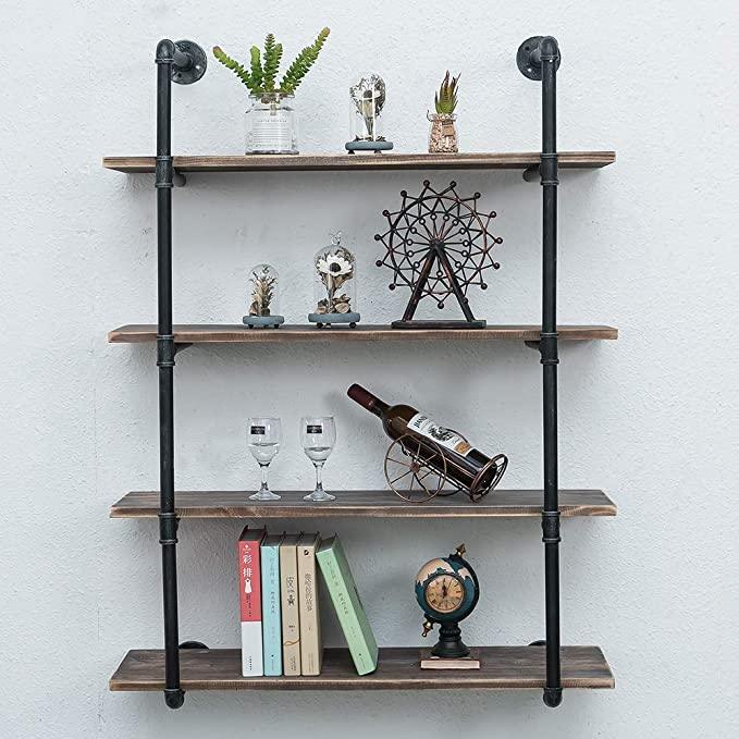 4 Tier Industrial Pipe Shelving made of solid pine wood and galvanized steel, showcasing a rustic design with rounded corners and sturdy construction.