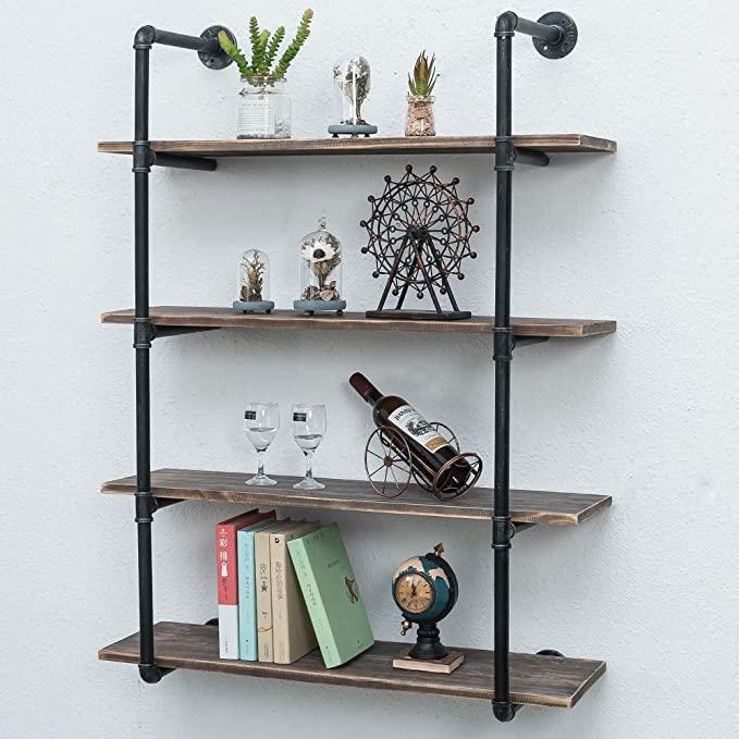 4 Tier Industrial Pipe Shelving made of solid pine wood and galvanized steel, showcasing a rustic design with rounded corners and sturdy construction.