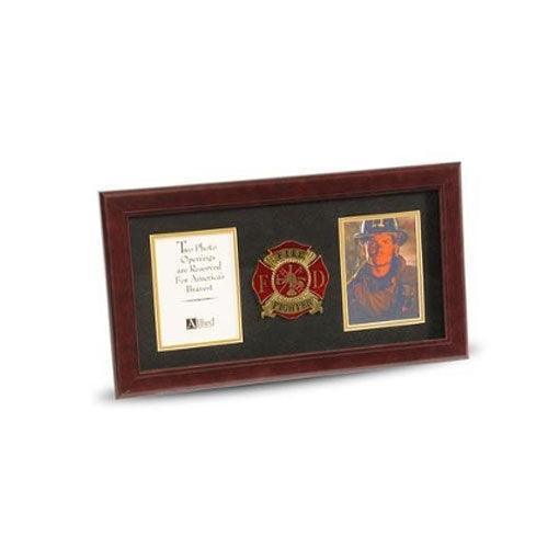 4 x 6 Firefighter Picture Frame with mahogany wood and gold trim, displaying two photos and a firefighter medallion.