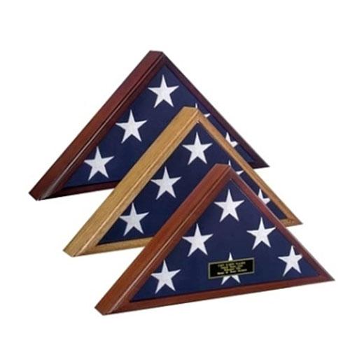 Elegant oak flag display case for 4'x 6' flags with glass front and removable back panel, wall mountable with included hardware.