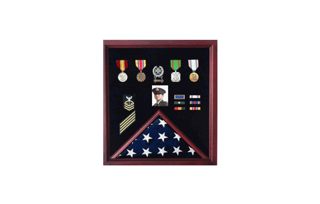 4 x 6 Flag Display Case in cherry and oak finishes, showcasing medals and photos.