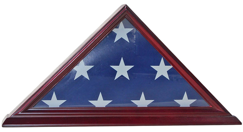 Elegant 4' x 6' flag display case made of polished wood and glass, showcasing a flag with a finely matted interior.