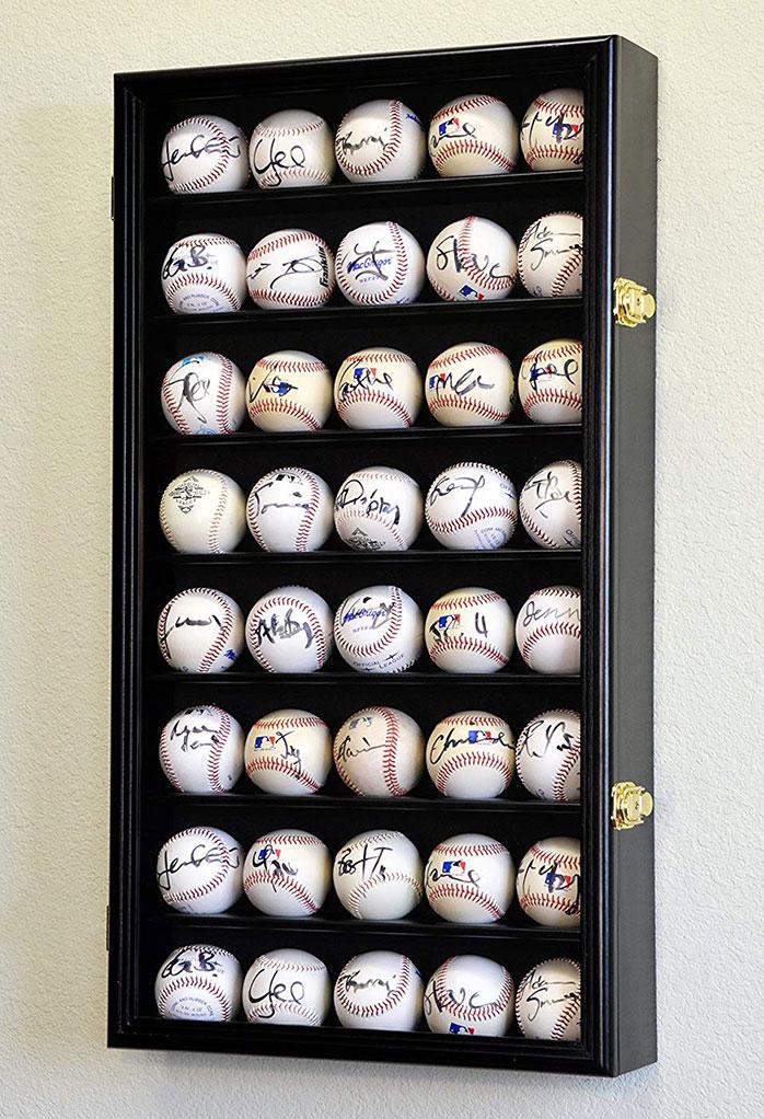 Elegant 40 Baseball Display Case made from Australian beech wood with UV protection and black felt background, showcasing baseballs securely.