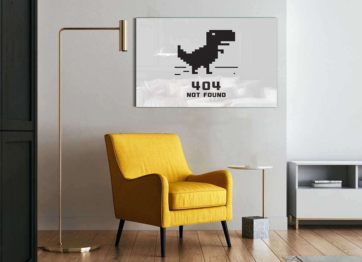 A modern glass print featuring the text '404 Not Found', showcasing a sleek design suitable for contemporary decor.