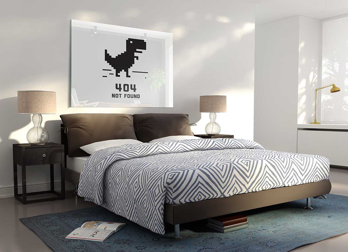 A modern glass print featuring the text '404 Not Found', showcasing a sleek design suitable for contemporary decor.