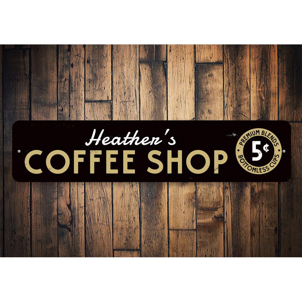 5 Cent Coffee Shop Sign made of durable aluminum, featuring a vintage design perfect for cafes and restaurants.