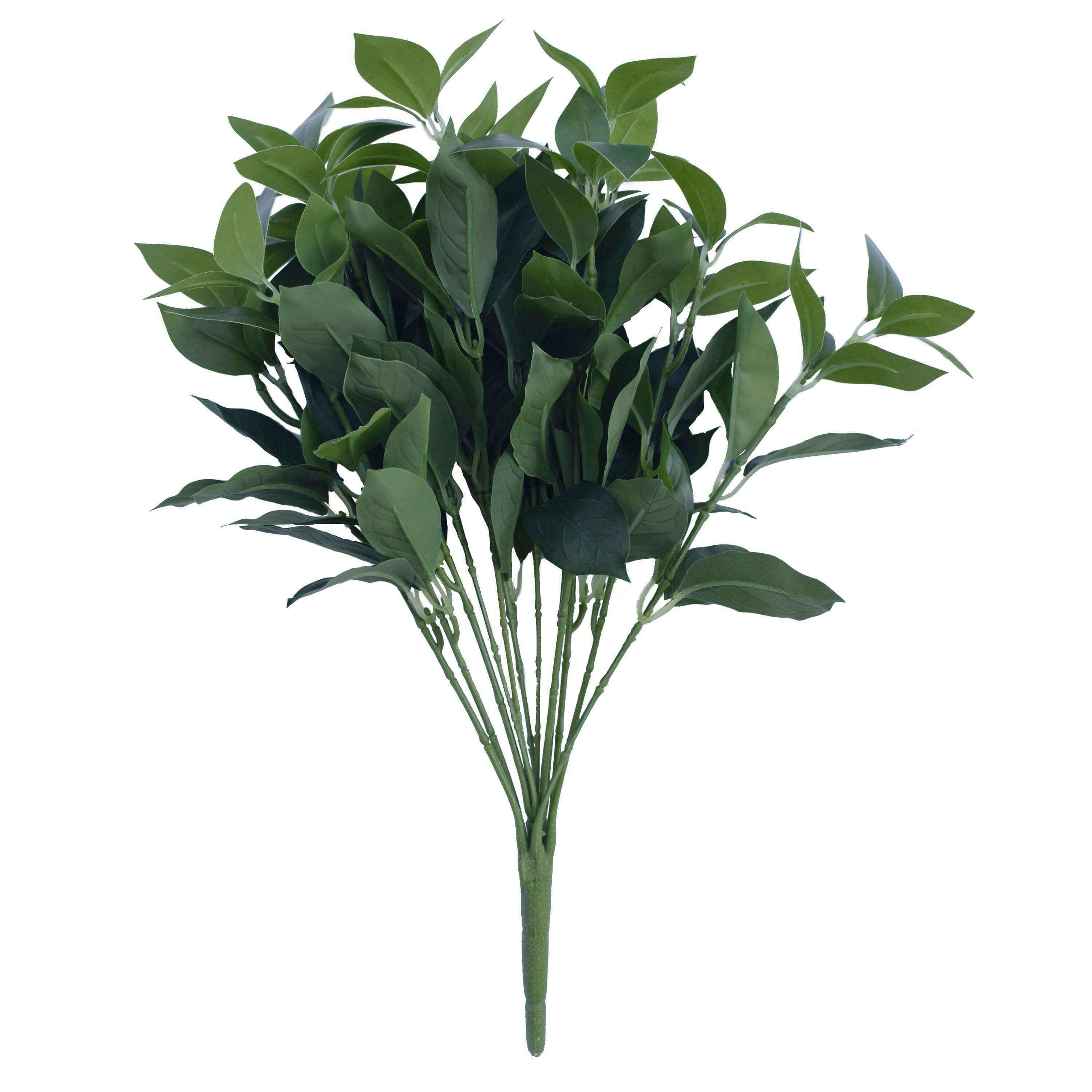 A 5 pack of artificial bayleaf foliage bunches, featuring dark green leaves on flexible stems, ideal for home decor.