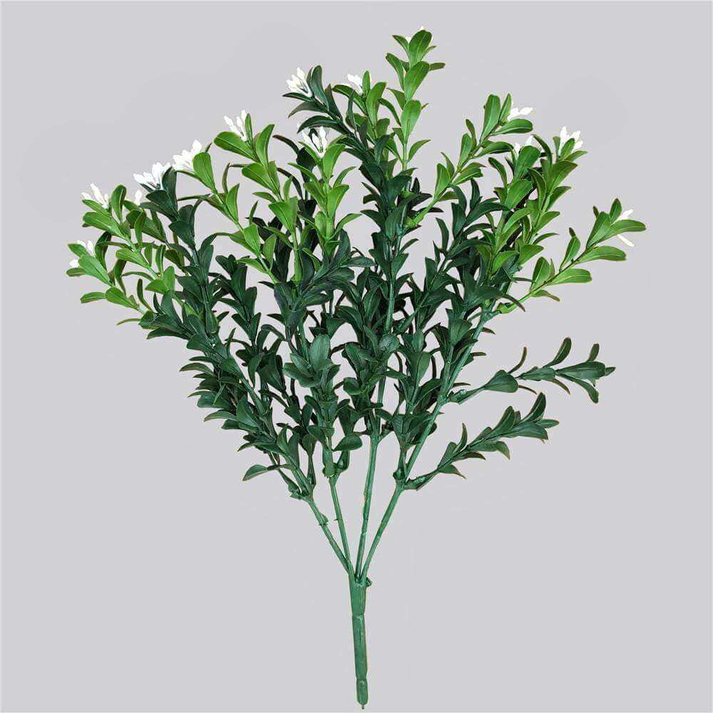 A collection of five artificial boxwood plants with white flowers, showcasing realistic foliage and vibrant colors, perfect for indoor and outdoor decor.