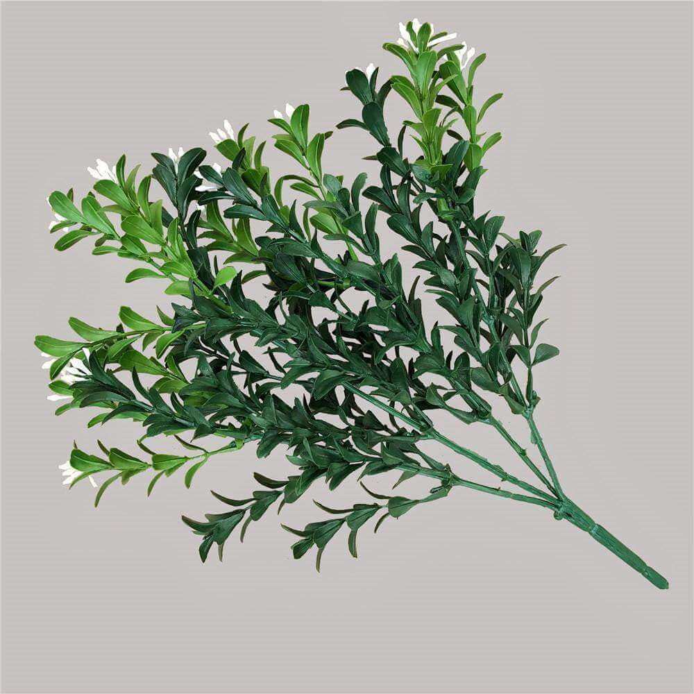 A collection of five artificial boxwood plants with white flowers, showcasing realistic foliage and vibrant colors, perfect for indoor and outdoor decor.