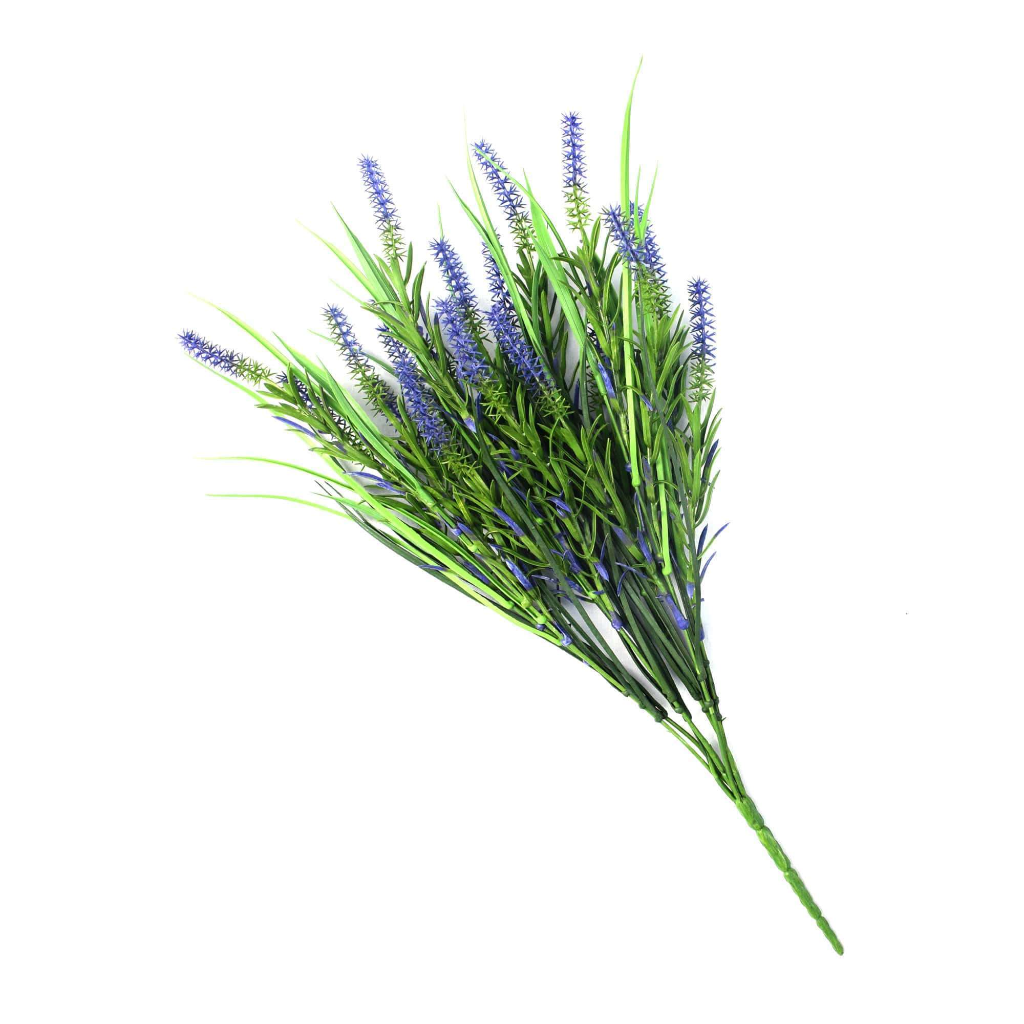 Five long stem purple lavender plants, each 50cm long, arranged elegantly, showcasing their vibrant color and realistic appearance.