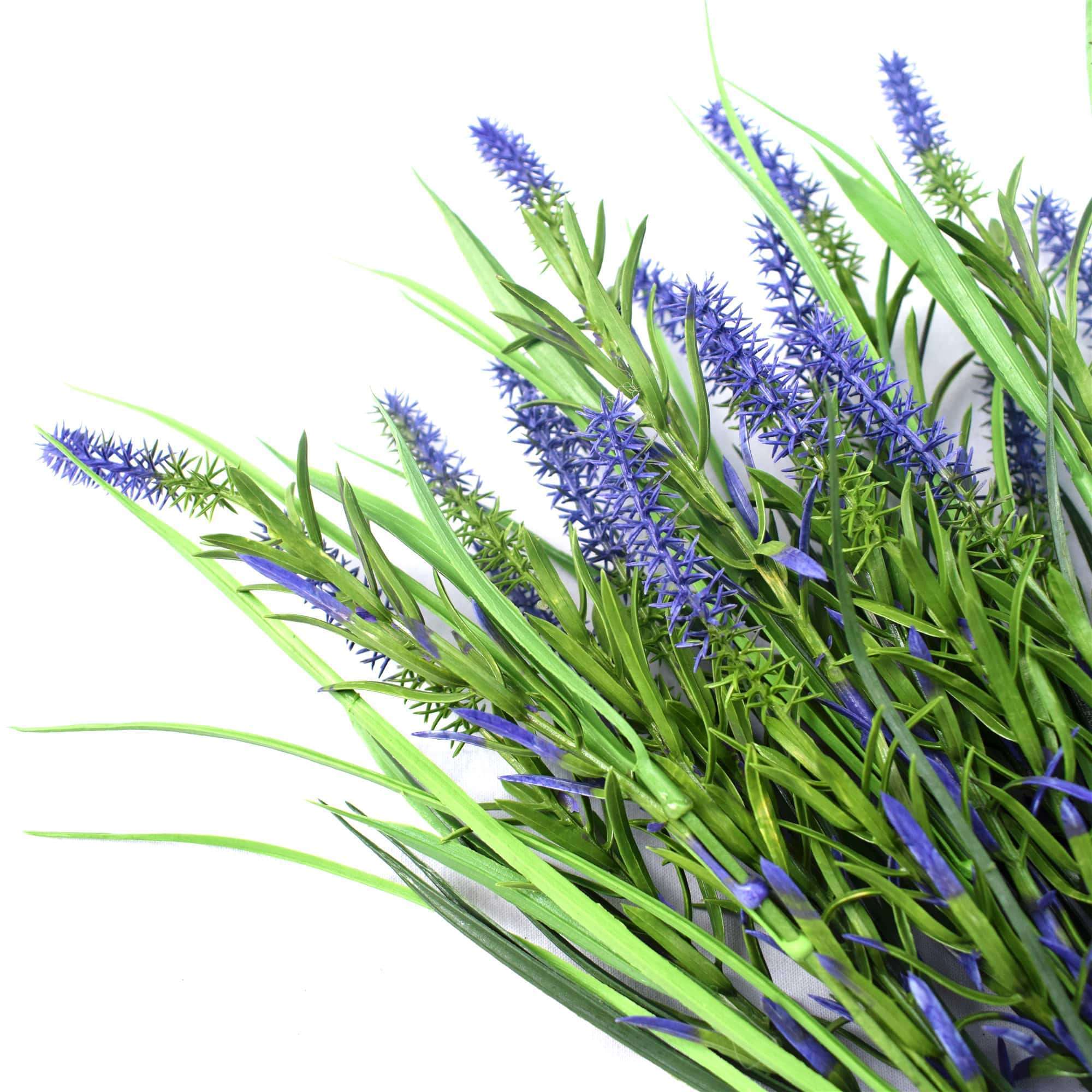 Five long stem purple lavender plants, each 50cm long, arranged elegantly, showcasing their vibrant color and realistic appearance.