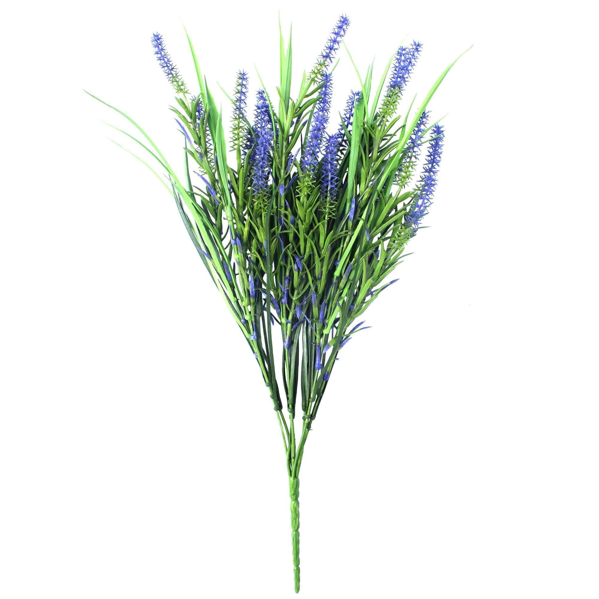 Five long stem purple lavender plants, each 50cm long, arranged elegantly, showcasing their vibrant color and realistic appearance.