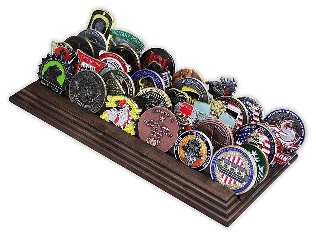 5 Row Challenge Coin Holder made from solid walnut wood, elegantly displaying multiple challenge coins.