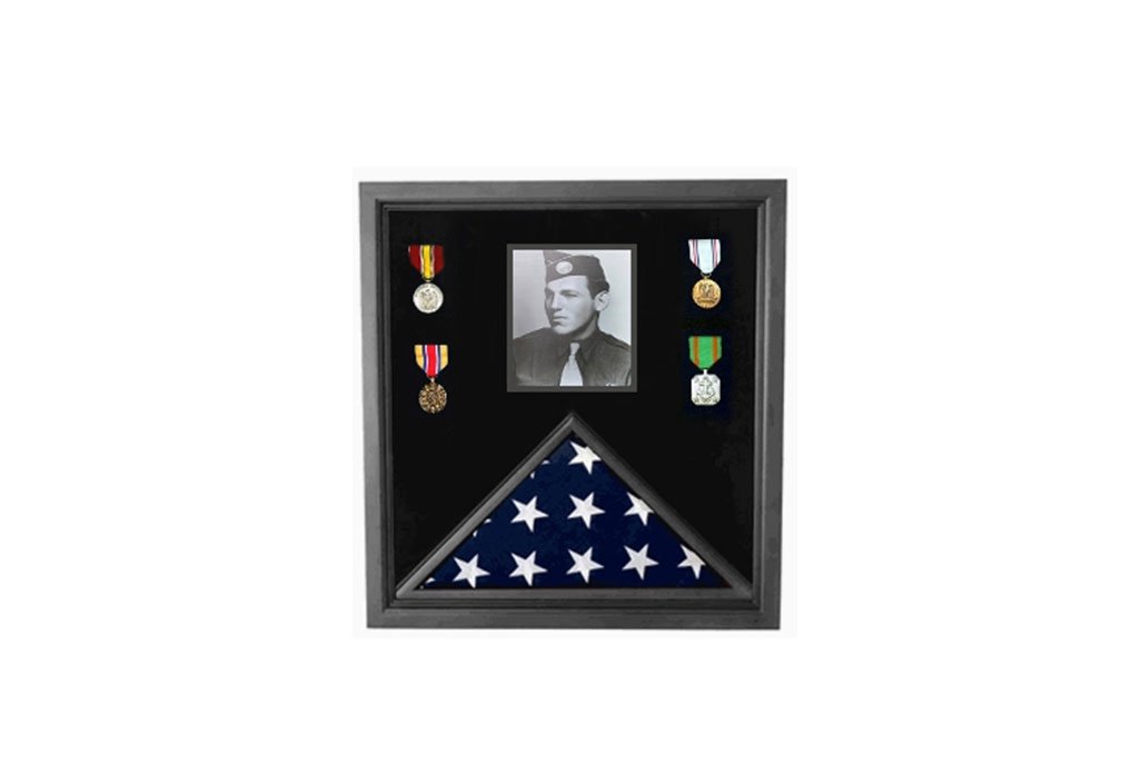 5'x8' American flag display case made of cherry wood with plexiglass front and black back, showcasing a flag and medals.