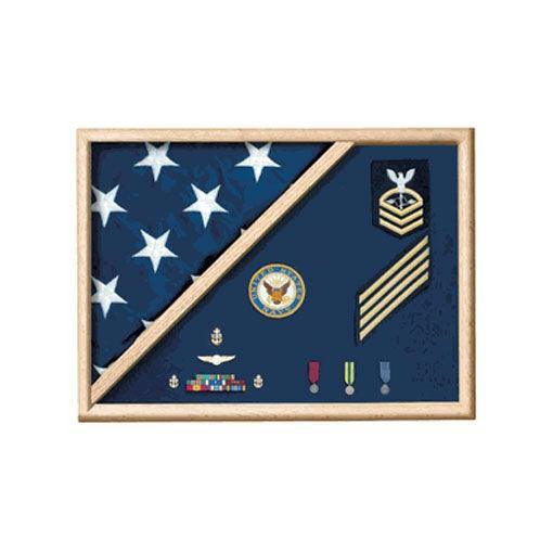 5 x 9.5 Flag Memorial Case made from solid oak with acrylic front, showcasing a military flag and memorabilia.