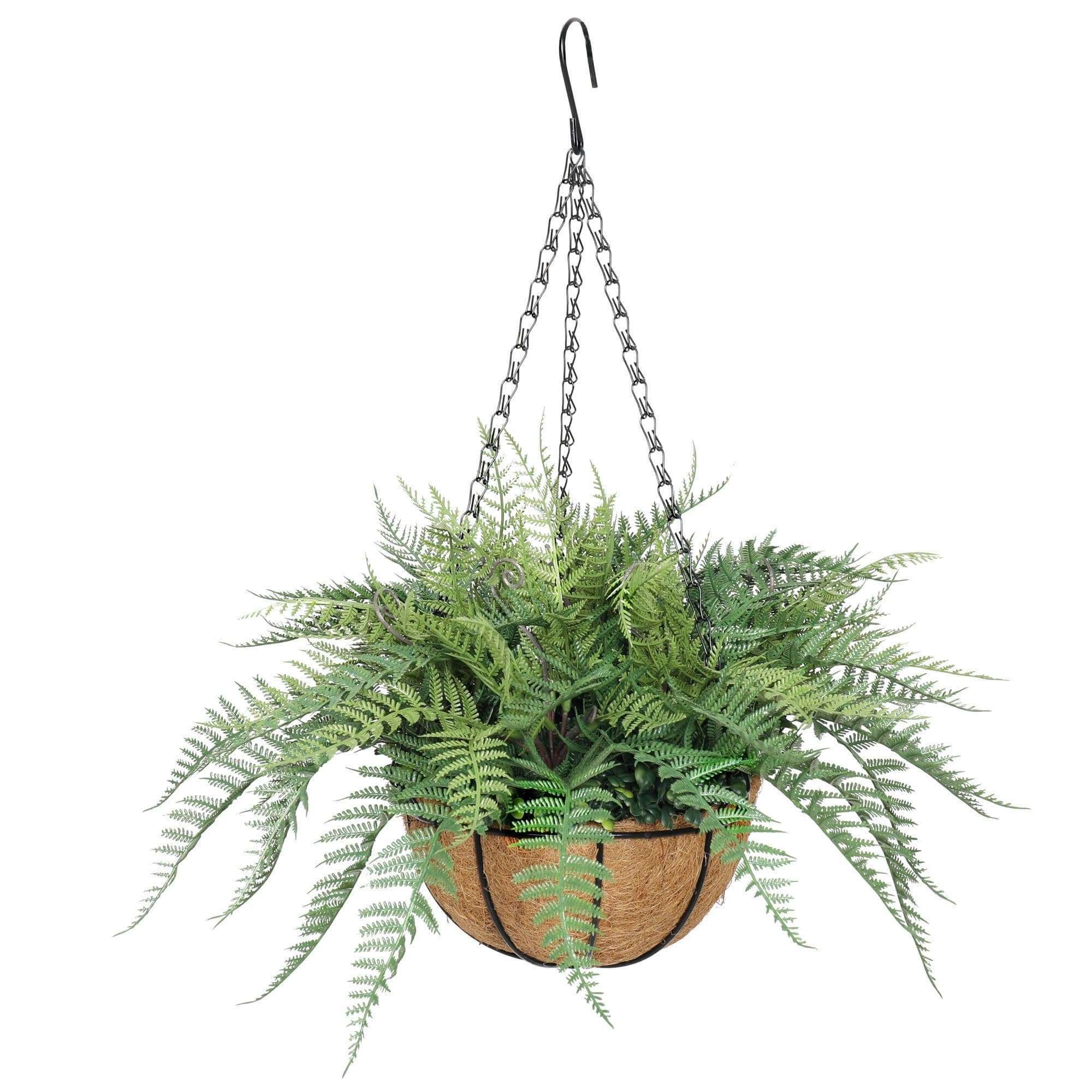 A 55cm UV Potted Fern Artificial Hanging Basket showcasing vibrant green fern leaves in a stylish hanging arrangement.