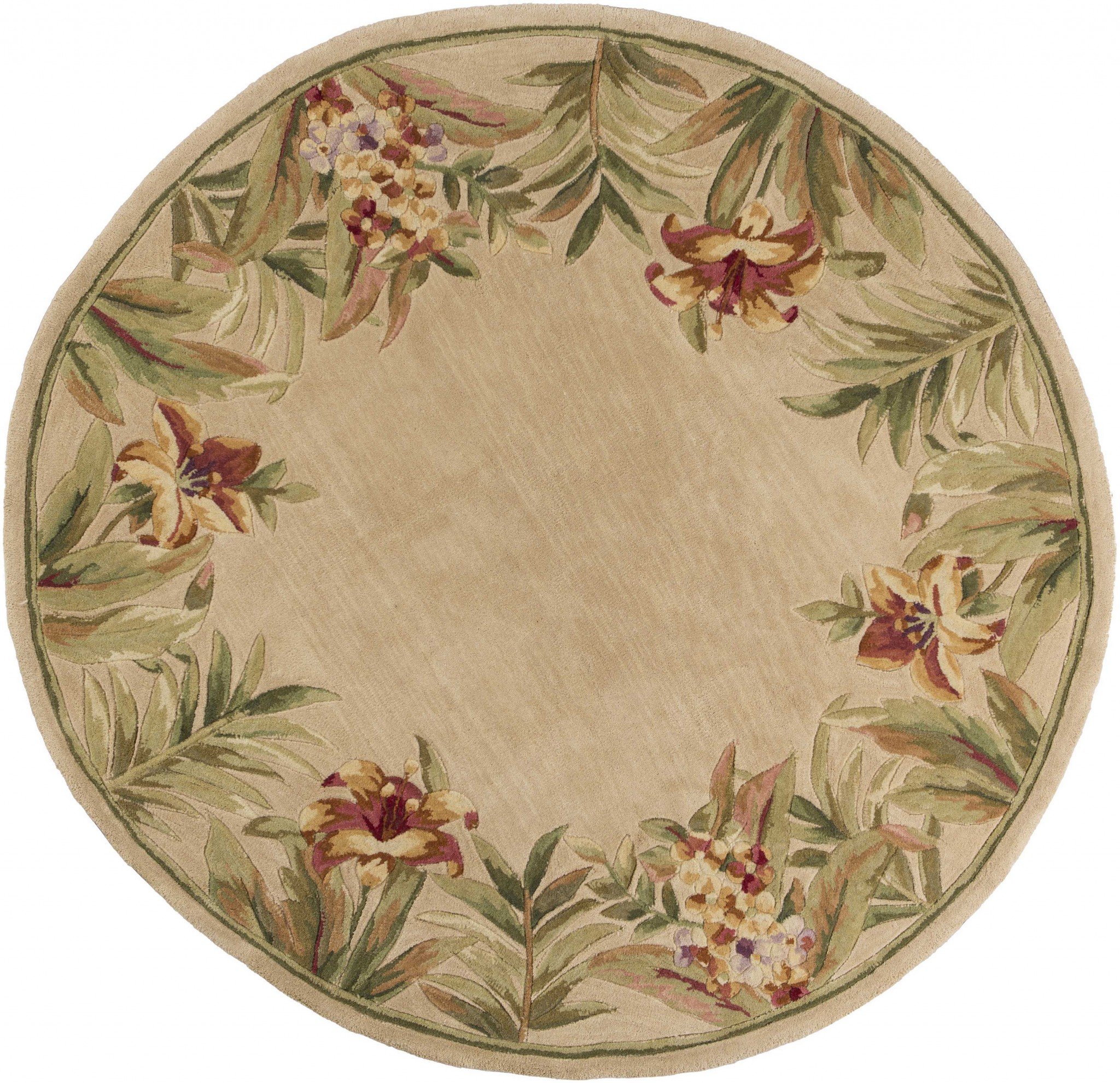 5-inch round wool ivory area rug with floral designs, showcasing elegance and quality craftsmanship.