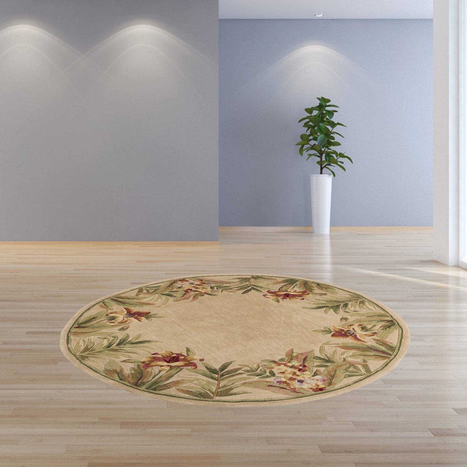 5-inch round wool ivory area rug with floral designs, showcasing elegance and quality craftsmanship.