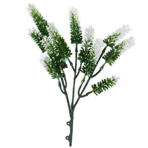 Five artificial small white lavender stems, each 26cm long, showcasing realistic petals and leaves, perfect for home decor.