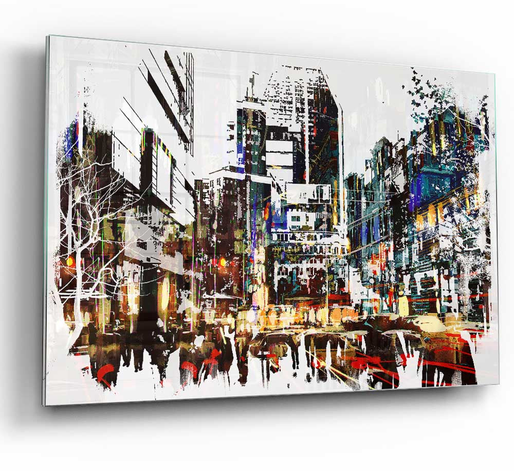 5th Avenue Rush Hour glass print featuring vibrant urban design, perfect for modern home decor.