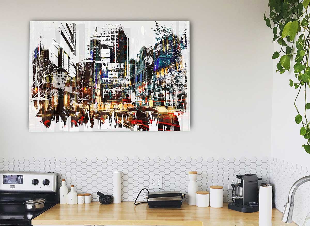 5th Avenue Rush Hour glass print featuring vibrant urban design, perfect for modern home decor.