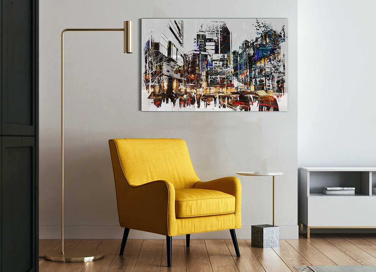 5th Avenue Rush Hour glass print featuring vibrant urban design, perfect for modern home decor.