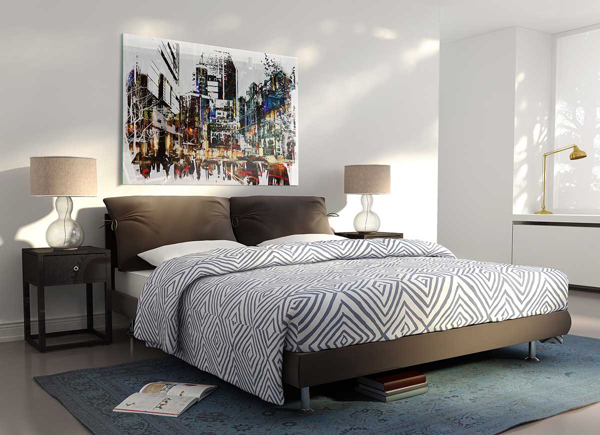 5th Avenue Rush Hour glass print featuring vibrant urban design, perfect for modern home decor.