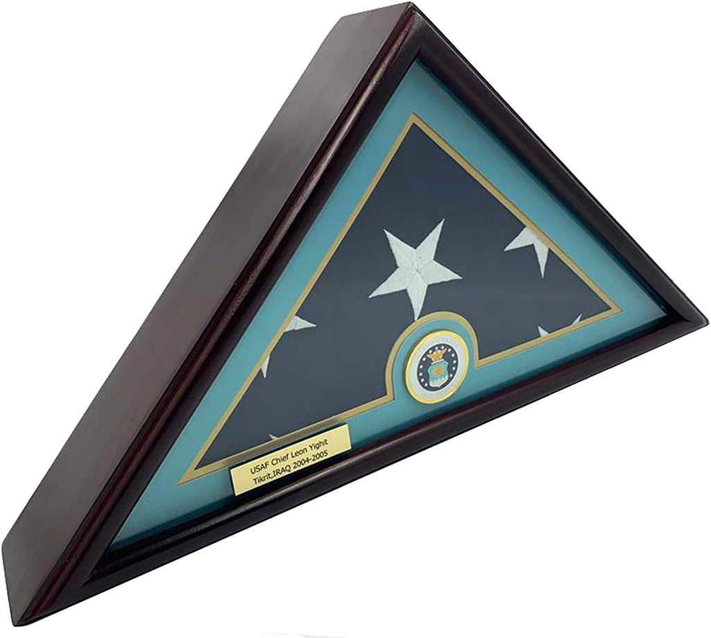 Elegant 5x9 Burial/Funeral/Veteran Flag display case with blue felt backing and cherry wood finish, showcasing a folded flag.