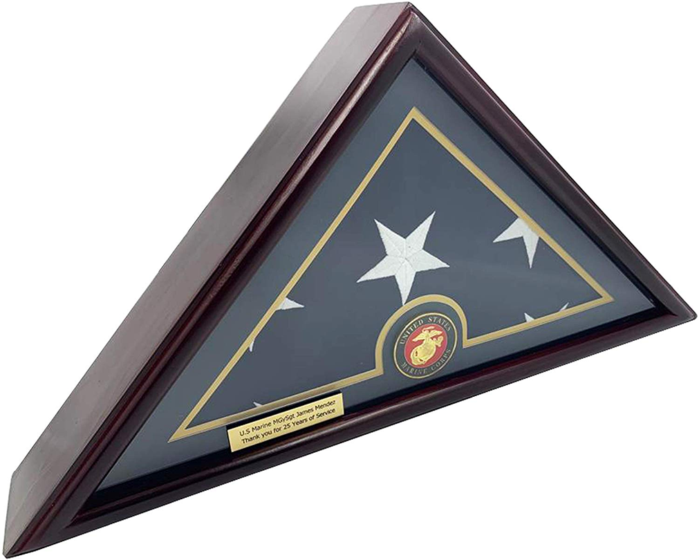 Elegant 5x9 Burial/Funeral Flag Display Case with Marine Medal, featuring cherry wood finish and glass front.