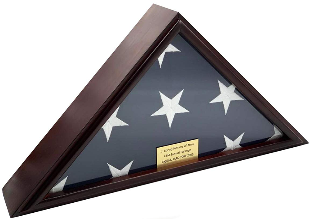 Elegant 5x9 burial flag display case made of solid cherry wood with glass front, showcasing a folded flag.