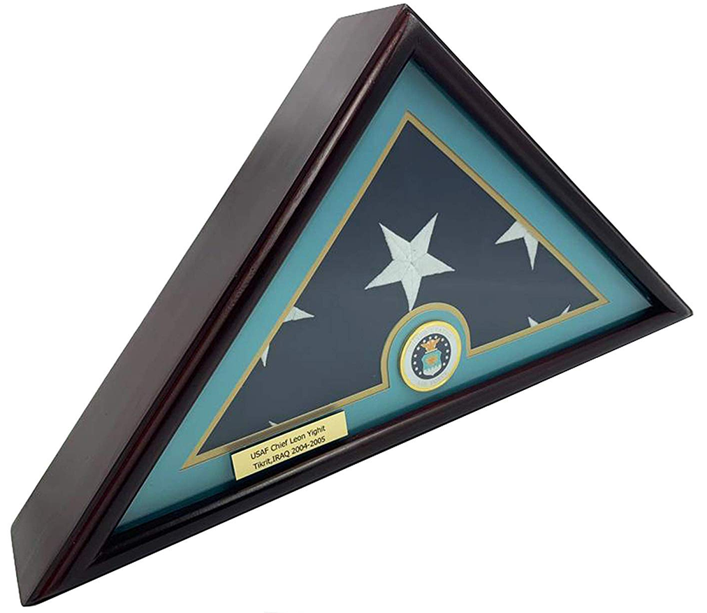 Elegant 5x9.5 burial flag display case made of solid wood with glass front, showcasing a folded flag.