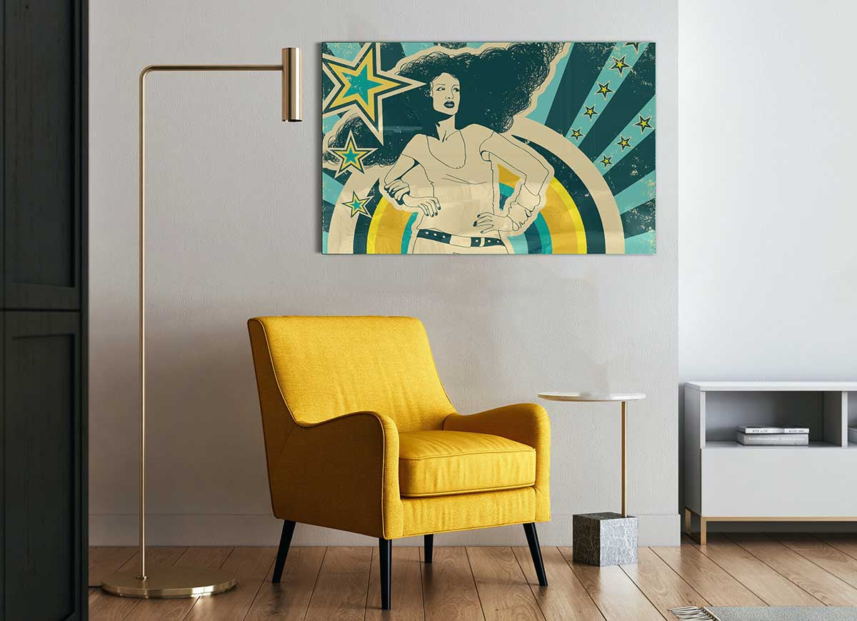 A vibrant 60's Chic glass print featuring retro designs and colors, perfect for modern home decor.