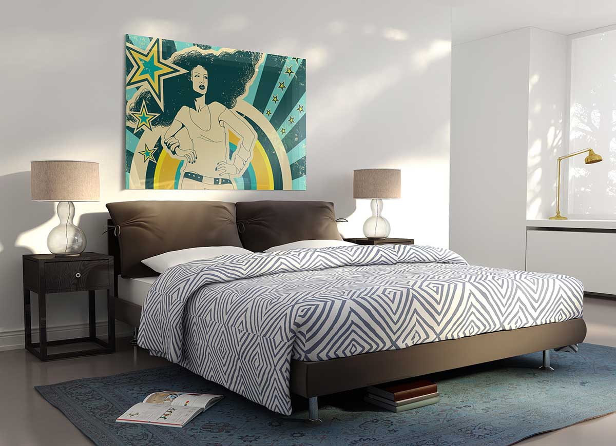 A vibrant 60's Chic glass print featuring retro designs and colors, perfect for modern home decor.